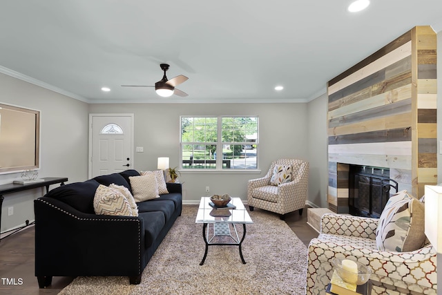 2704 Ross Rd, Durham, NC 27703 - living area with crown molding, recessed lighting, a high end fireplace, a ceiling fan, and wood finished floors