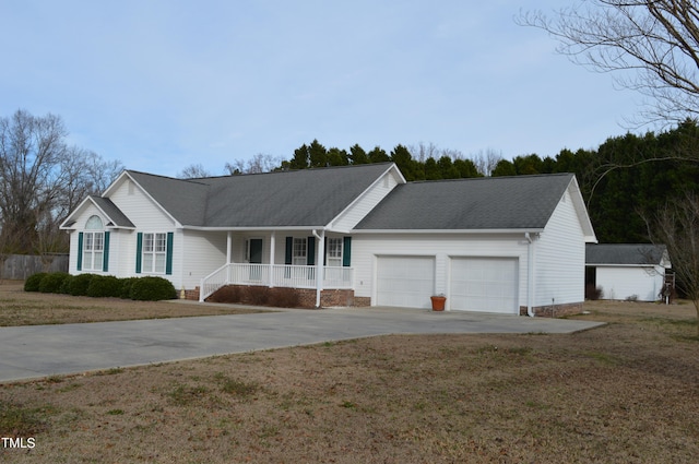 single story home with a garage, covered porch, and a front yard