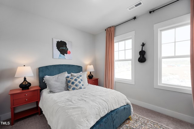 carpeted bedroom featuring multiple windows