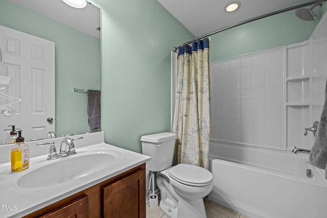 full bathroom featuring tile patterned floors, vanity, toilet, and shower / bathtub combination with curtain