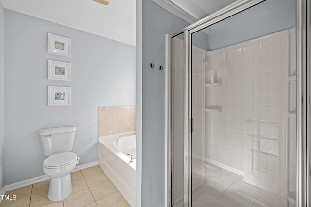 bathroom with toilet, shower with separate bathtub, tile patterned floors, and crown molding