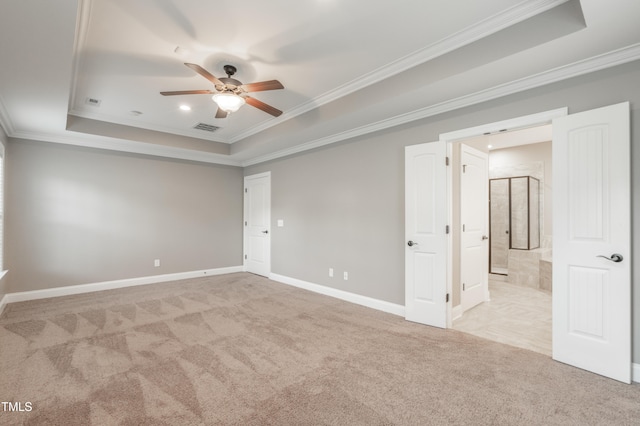 empty room with crown molding, a raised ceiling, and light carpet