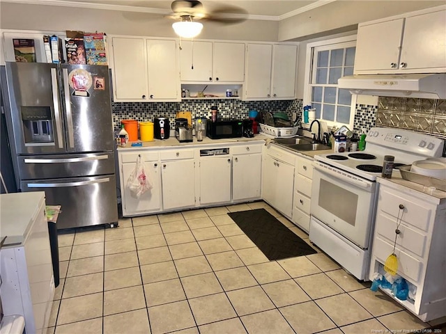 kitchen with white cabinetry, stainless steel fridge with ice dispenser, white electric stove, and tasteful backsplash