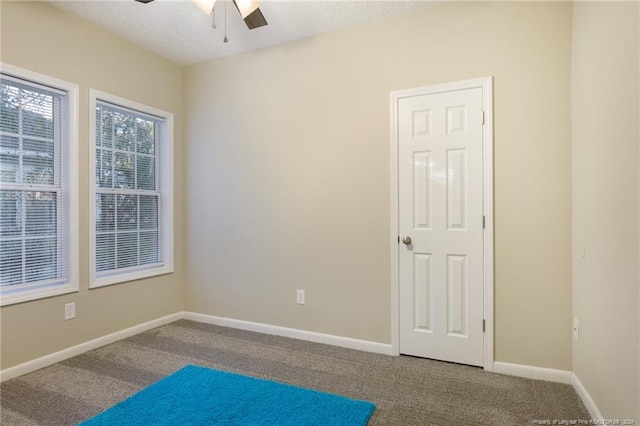 interior space with carpet flooring, a textured ceiling, and ceiling fan