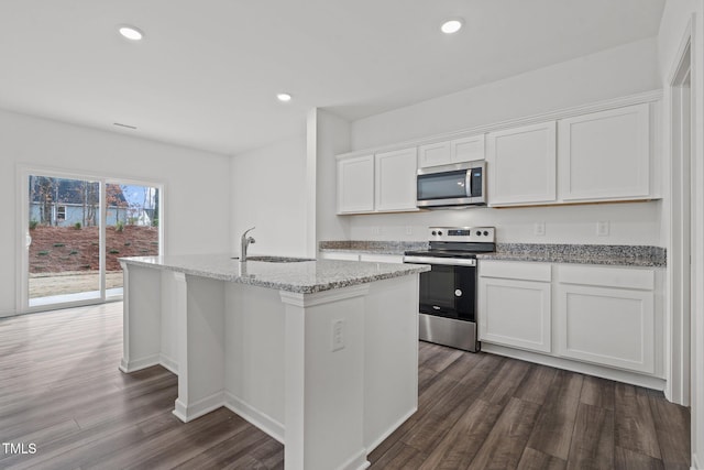 kitchen with white cabinetry, dark wood-type flooring, stainless steel appliances, and sink