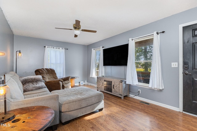 living room with ceiling fan and wood-type flooring