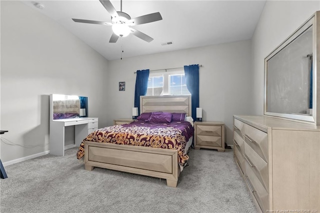 bedroom with light carpet and ceiling fan