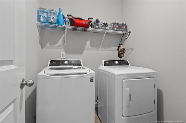 laundry area with wood-type flooring and washing machine and clothes dryer