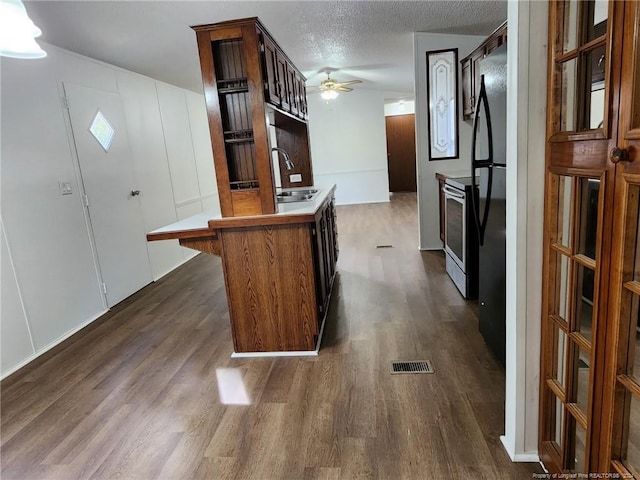 kitchen with ceiling fan, dark hardwood / wood-style flooring, a textured ceiling, and sink