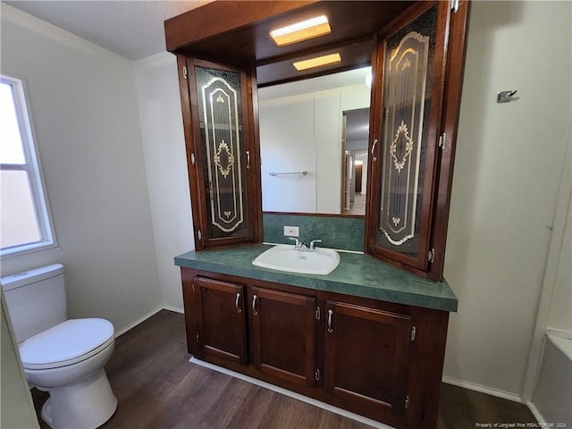 bathroom with hardwood / wood-style floors, vanity, and toilet