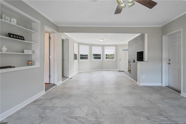 interior space featuring built in shelves and ornamental molding