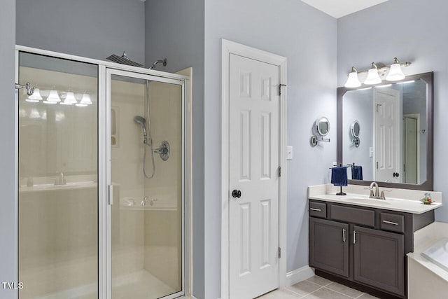 bathroom with tile patterned floors, vanity, and a shower with door