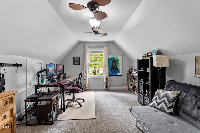 carpeted office with ceiling fan and lofted ceiling