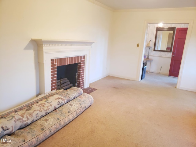 living room featuring light carpet, a fireplace, and ornamental molding