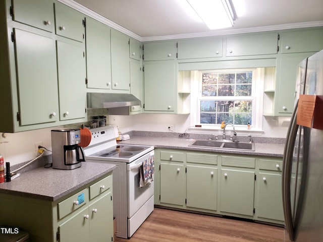 kitchen featuring white electric range, sink, green cabinetry, stainless steel fridge, and light wood-type flooring