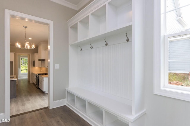 mudroom featuring dark wood-style floors, crown molding, baseboards, and a notable chandelier