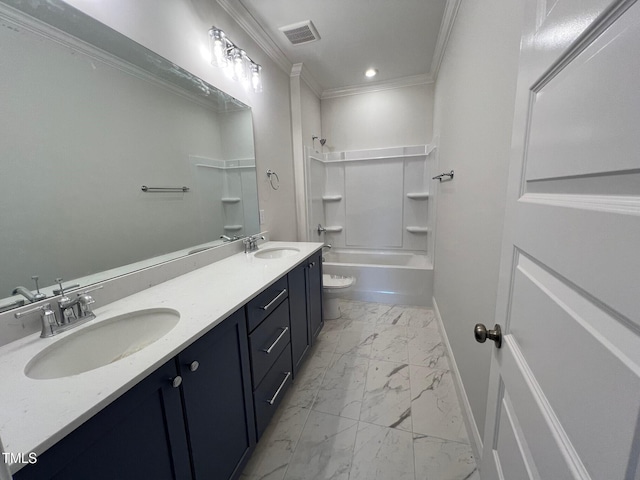 6044 Scalybark Rd, Durham, NC 27712 - full bathroom with marble finish floors, ornamental molding, toilet, double vanity, and recessed lighting