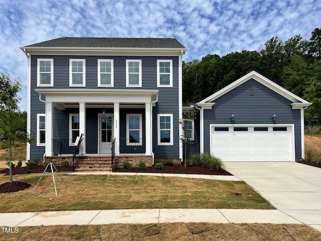 6044 Scalybark Rd, Durham, NC 27712 - view of front of property with driveway, a porch, a front yard, and an attached garage