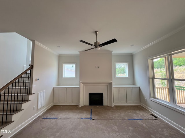 6044 Scalybark Rd, Durham, NC 27712 - unfurnished living room featuring baseboards, plenty of natural light, ornamental molding, a fireplace with flush hearth, and ceiling fan