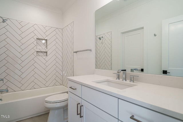 full bathroom featuring tile patterned floors, vanity, toilet, and tiled shower / bath