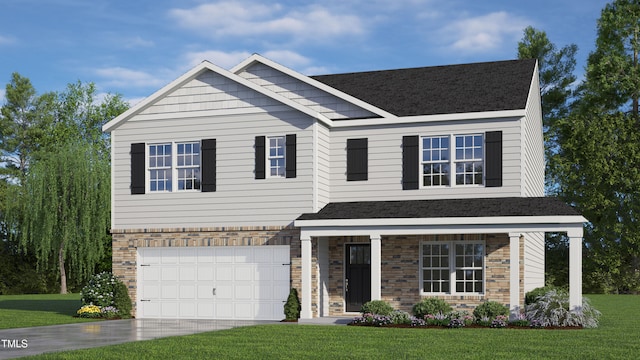 view of front of property with a garage and a front lawn