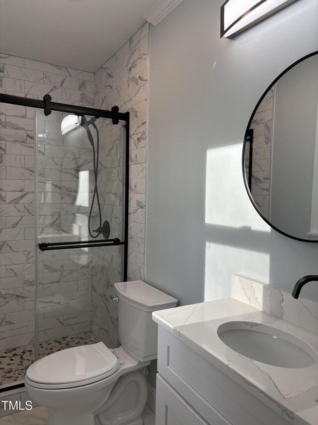 bathroom featuring a stall shower, vanity, and toilet