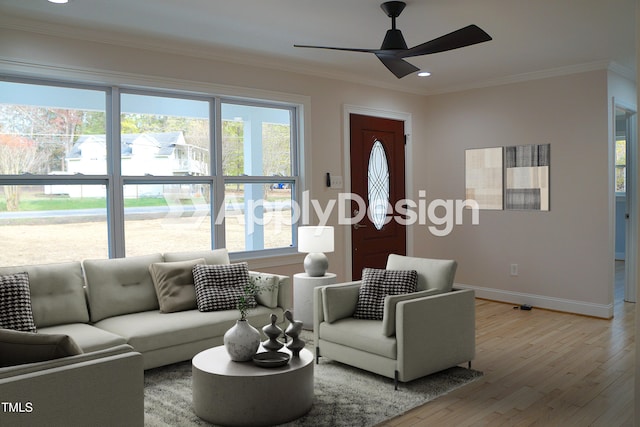 living area featuring baseboards, ceiling fan, ornamental molding, and light wood-style floors