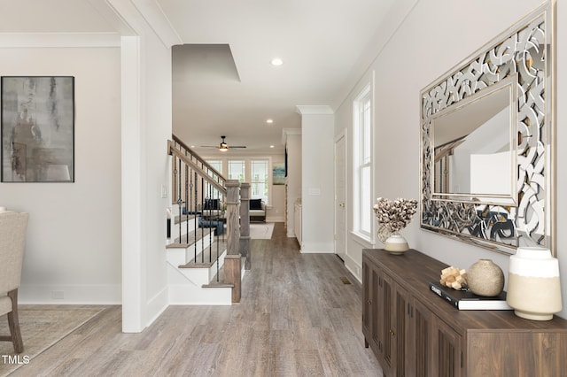 foyer entrance with ceiling fan, light wood-type flooring, and ornamental molding