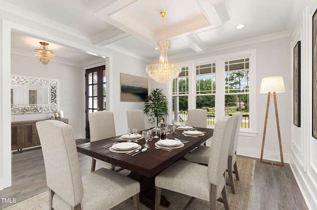 dining space with crown molding, hardwood / wood-style floors, coffered ceiling, and a notable chandelier