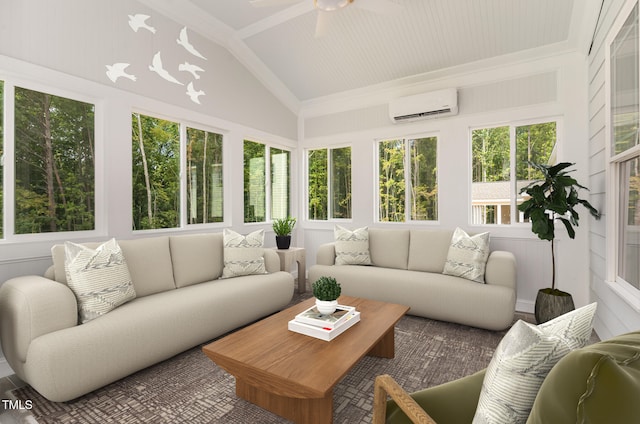 sunroom featuring vaulted ceiling, an AC wall unit, and ceiling fan