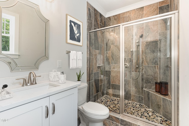 bathroom featuring vanity, toilet, and a shower with door