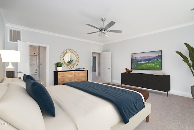 carpeted bedroom with ensuite bathroom, ceiling fan, and crown molding