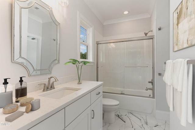 full bathroom with combined bath / shower with glass door, vanity, toilet, and crown molding