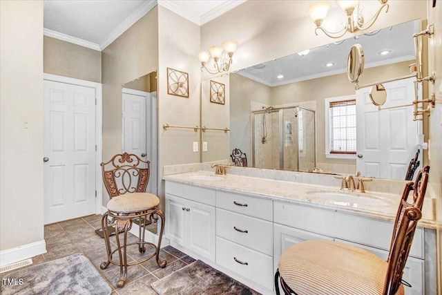 bathroom with ornamental molding and walk in shower