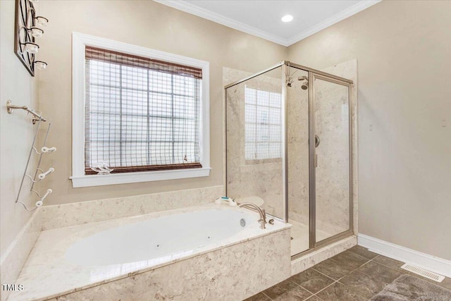 bathroom featuring separate shower and tub and crown molding