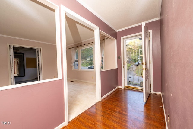 doorway to outside with a wealth of natural light, dark hardwood / wood-style flooring, and ornamental molding