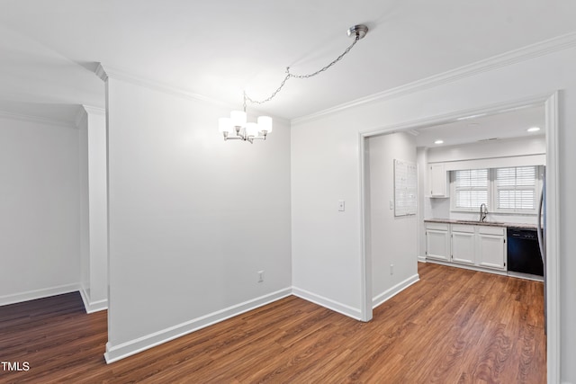 1321 Dylan Heath Ct, Raleigh, NC 27608 - unfurnished dining area with a chandelier, wood finished floors, and ornamental molding