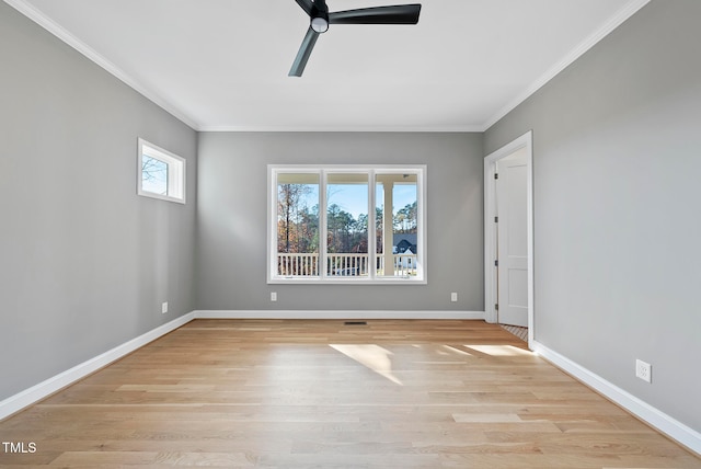 unfurnished room with ceiling fan, light hardwood / wood-style floors, and ornamental molding