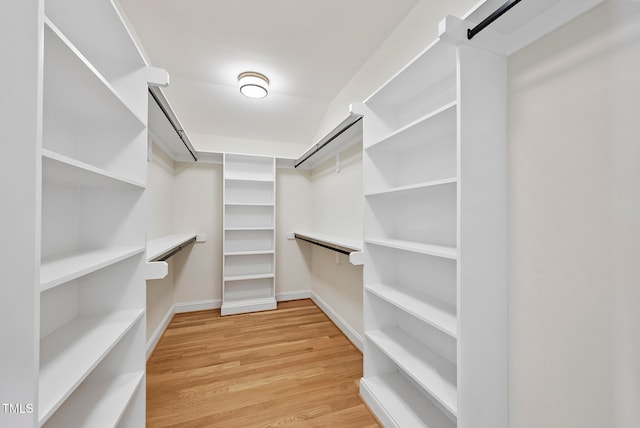 spacious closet with a barn door and light hardwood / wood-style floors