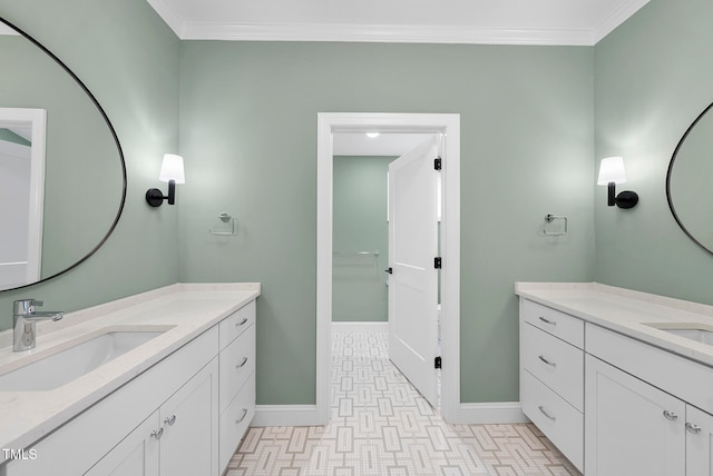 bathroom with vanity and ornamental molding