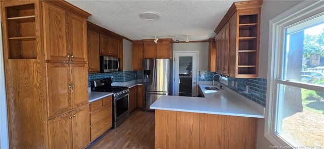 kitchen with kitchen peninsula, decorative backsplash, dark hardwood / wood-style flooring, and stainless steel appliances