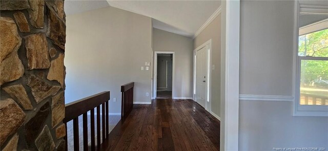 hall featuring crown molding, dark hardwood / wood-style flooring, and lofted ceiling