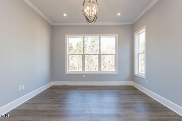 unfurnished room with dark wood-style floors, baseboards, and crown molding