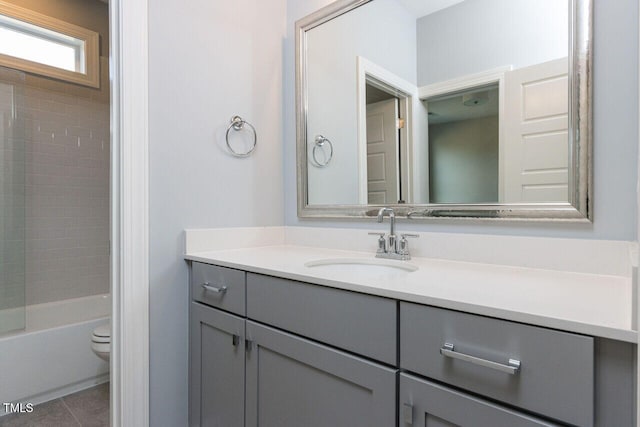 full bath with toilet, tile patterned floors, shower / bathing tub combination, and vanity