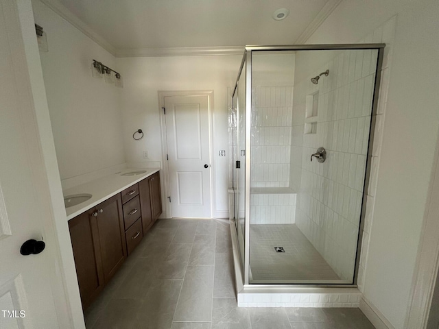 6040 Scalybark Rd, Durham, NC 27712 - full bathroom featuring ornamental molding, a shower stall, tile patterned floors, and double vanity