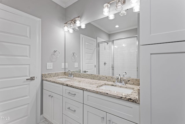 bathroom featuring vanity, walk in shower, and ornamental molding