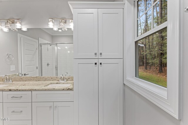 bathroom with vanity, walk in shower, and a wealth of natural light