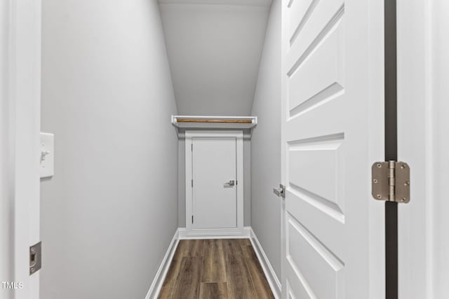 interior space featuring dark hardwood / wood-style flooring and lofted ceiling