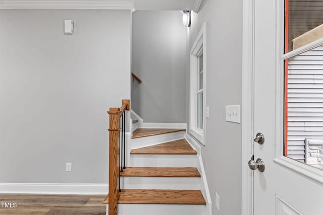 stairway with ornamental molding and hardwood / wood-style flooring