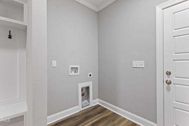 laundry area with hookup for an electric dryer, washer hookup, dark hardwood / wood-style floors, and crown molding